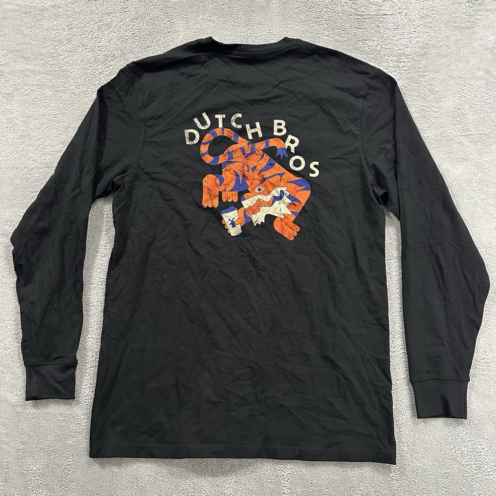 Dutch Bros Coffee T Shirt Men Large Long Sleeve Tiger Graphic 100% Cotton Black